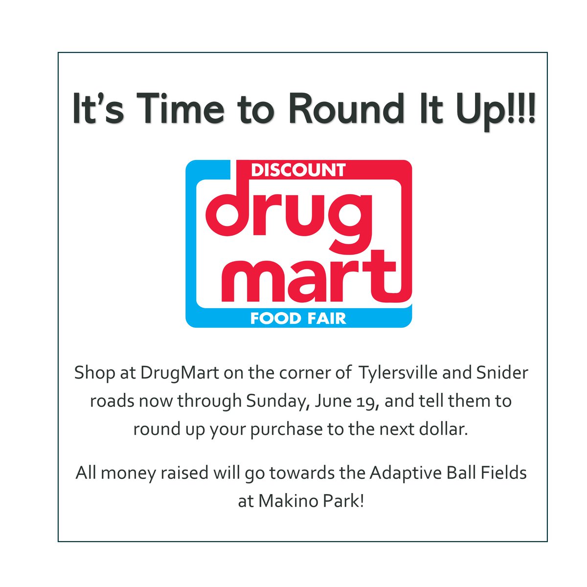 Now through Sunday 6/19, tell DrugMart in Mason to round up your purchases to benefit the Adaptive Ball Fields @ Makino Park. <a href="/johnsadak/">John Sadak</a> <a href="/imaginemason/">City of Mason Ohio</a> <a href="/choosedeerfield/">Deerfield Township</a> <a href="/MasonSchools/">Mason City Schools</a> <a href="/traceylcarson/">Tracey Carson</a> <a href="/orr_bot/">Ian Orr</a> <a href="/bobby__dodd/">Bobby Dodd</a> <a href="/MrsBly_MECC/">Melissa Bly</a> <a href="/JayReutter/">JayReutter</a> <a href="/cooperlearns/">Jonathan Cooper</a> <a href="/principalmesser/">Eric Messer</a>