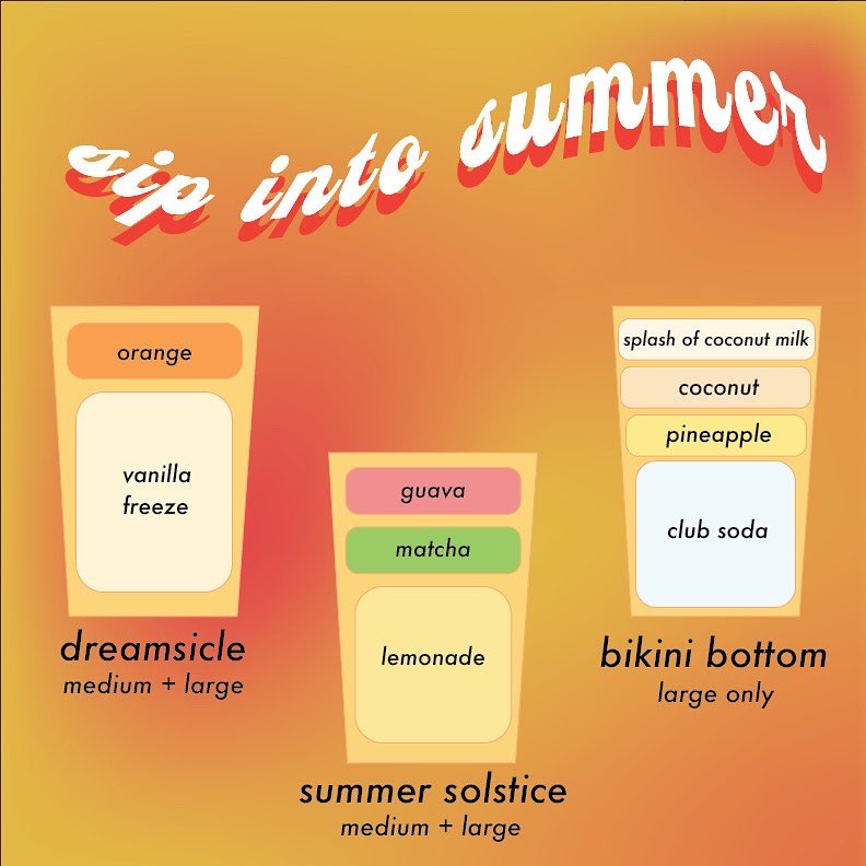summer drinks launching this week! 🍍🥥🍊🍦🍵🍋💕