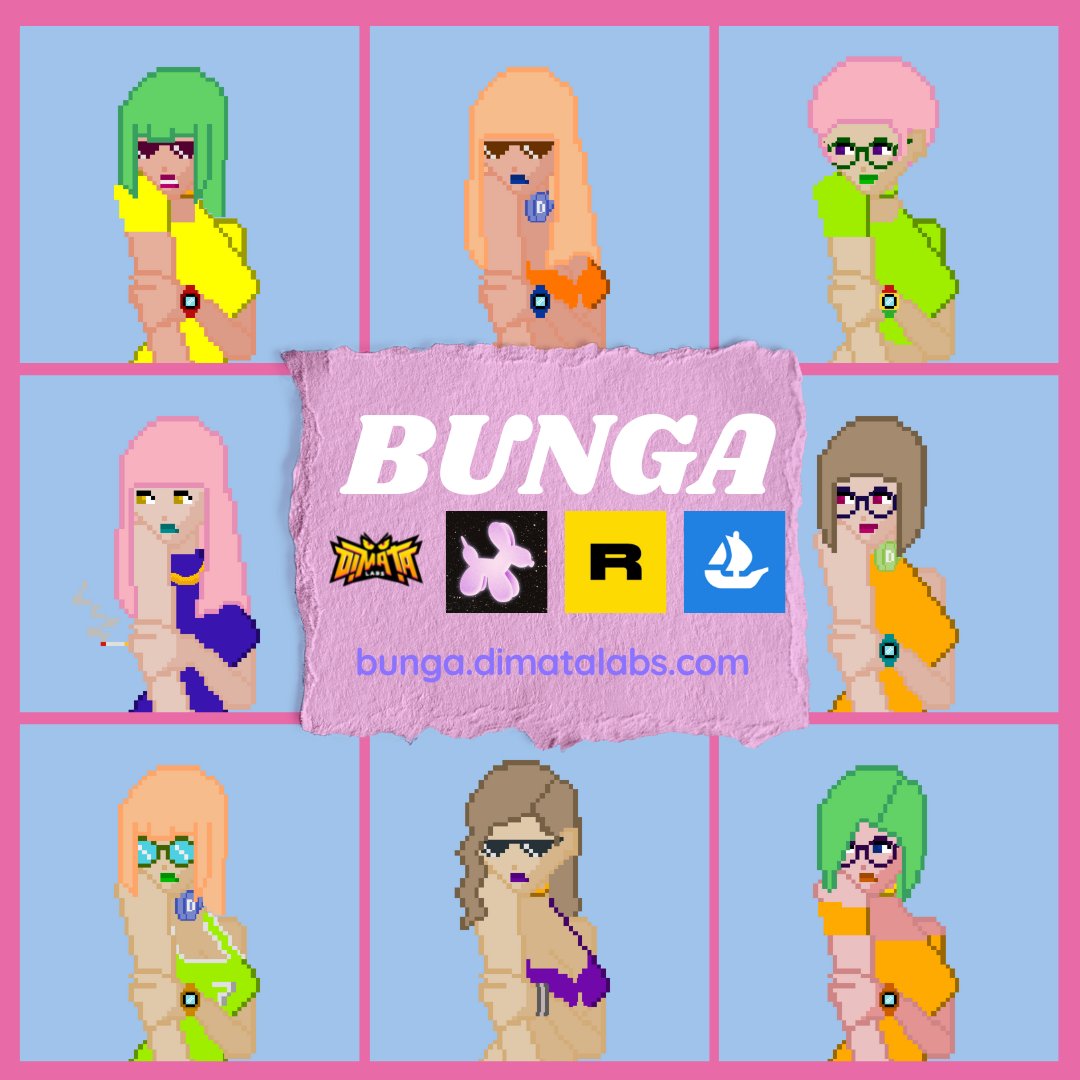 BUNGA COLLECTION | #NFT PROJECT | #POLYGON NFT

linktr.ee/bungadimatalabs

#nftcommunity #nftart #nfts #nftcollector #NFTcollectibles #nftdrop #nftcollectors #digitalart #pixelart #pixel #opensea #rarible
 #LUXY