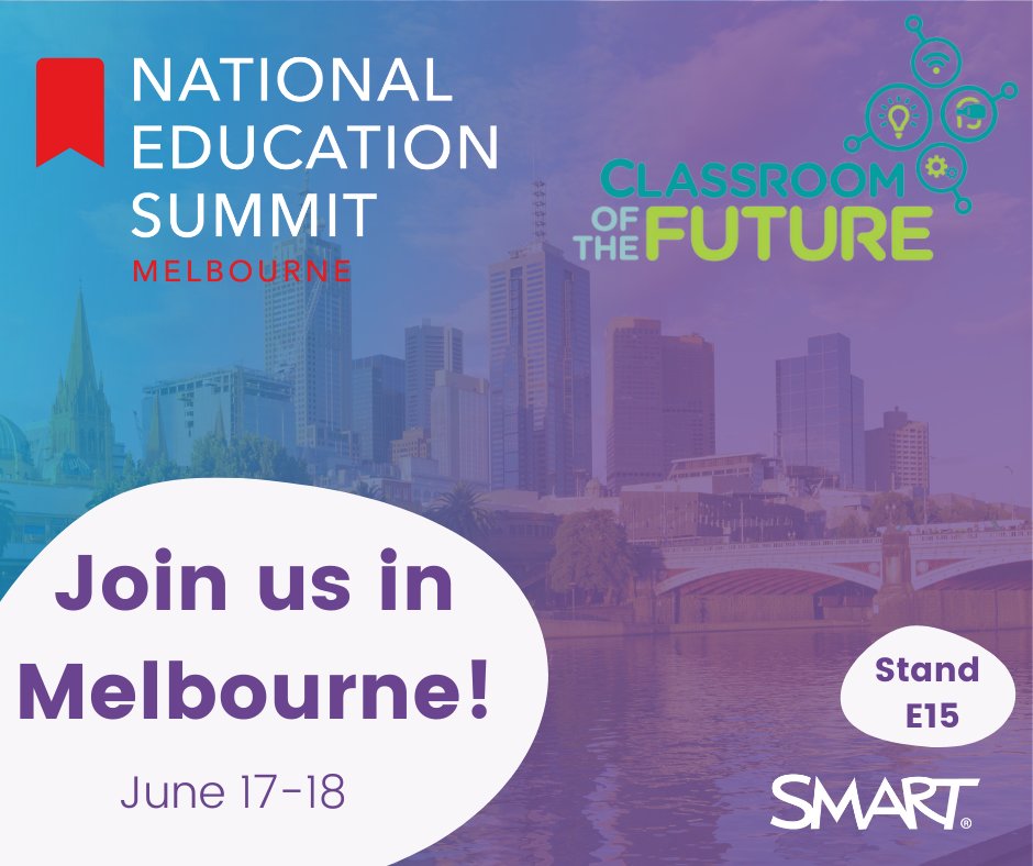 SMART_Tech's tweet photo. Educators & industry experts collaborate to conceptualise the “Classroom of the Future”!
Melbourne, National Education Summit
🗓 June 17/18 Fri/Sat!
SMART Stand E15
Register 🔗 https://t.co/dTvDfJgzmR
#AussieED #AussieTeacherTribe #SMARTANZ #NES2022 #ClassroomOfTheFuture 🟣 https://t.co/ISCMO5gdHZ