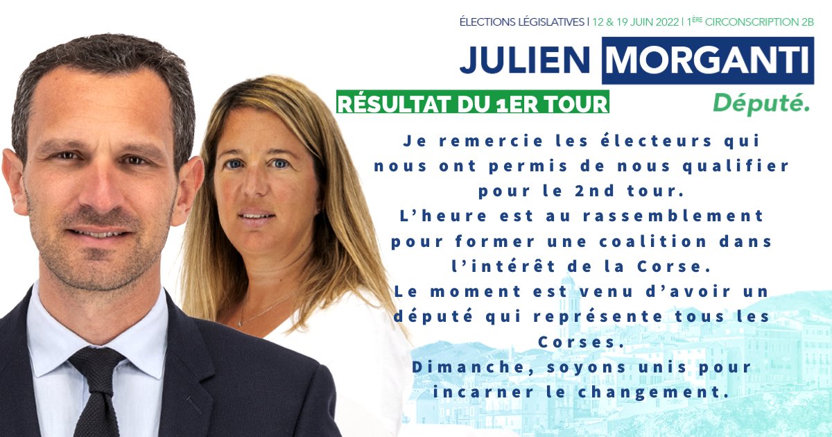 Morgantij's tweet photo. 🔵Législatives🟢

Réaction officielle à notre qualification pour le 2nd tour. 

Avec Santa Albertini Pietrucci allons proposer une coalition pour incarner le changement et le rassemblement. 

#legislatives2022 #bastia #corse #projet #changement #rassemblement https://t.co/44lAItgTrV