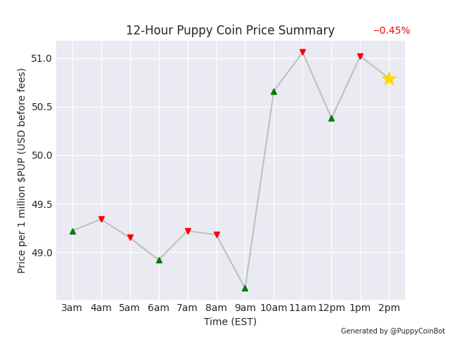 PuppyCoinBot's tweet photo. 1 million $PUP is currently worth $50.79 USD. Down 0.45% since last pupdate. @elonmusk there's a new memecoin in town 🐶 #PuppyCoin https://t.co/pTEWMHAfrG