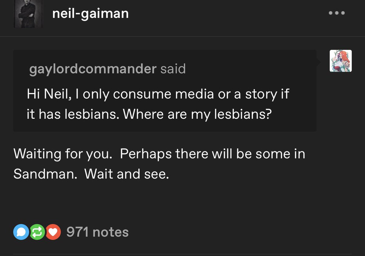 modernsappho's tweet photo. Hi gays, this just in: 
Neil Gaiman has lesbians. How do I know? I asked and they answered.

Guess I’ll be watching The Sandman. https://t.co/t77VKgFJ72