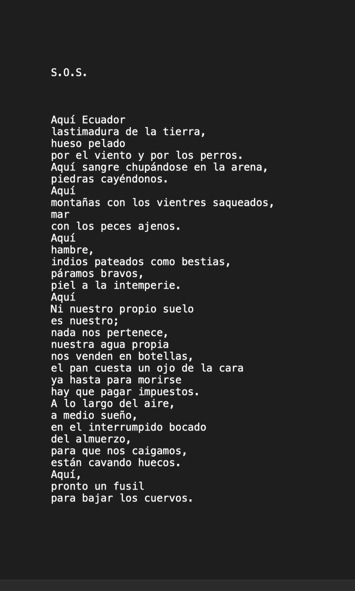 granodequinua's tweet photo. Un poema de Euler Granda: S.O.S. #EulerGranda #ParoEcuador #ParoNacional #poesía #Ecuador https://t.co/o7k84jFjUV