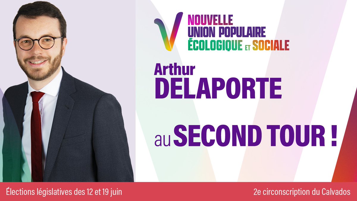 NUPES_2022_'s tweet photo. ✌️ @ArthurDelaporte, candidat #NUPES dans la 2ème circonscription du Calvados, est qualifié pour le second tour des élections législatives !

#VcommeVictoire https://t.co/L3pjvgndWC