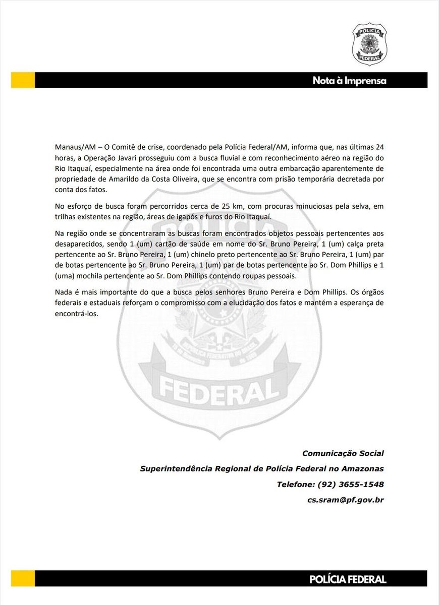 erlan_bastos's tweet image. A Polícia Federal acaba de confirmar que encontrou itens de Bruno Pereira e de Dom Phillips no Vale da Javari