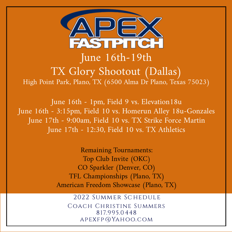 Catch us this week in Texas @ the Glory Shootout! @TXAPEXFP 🥎💙🤍🧡