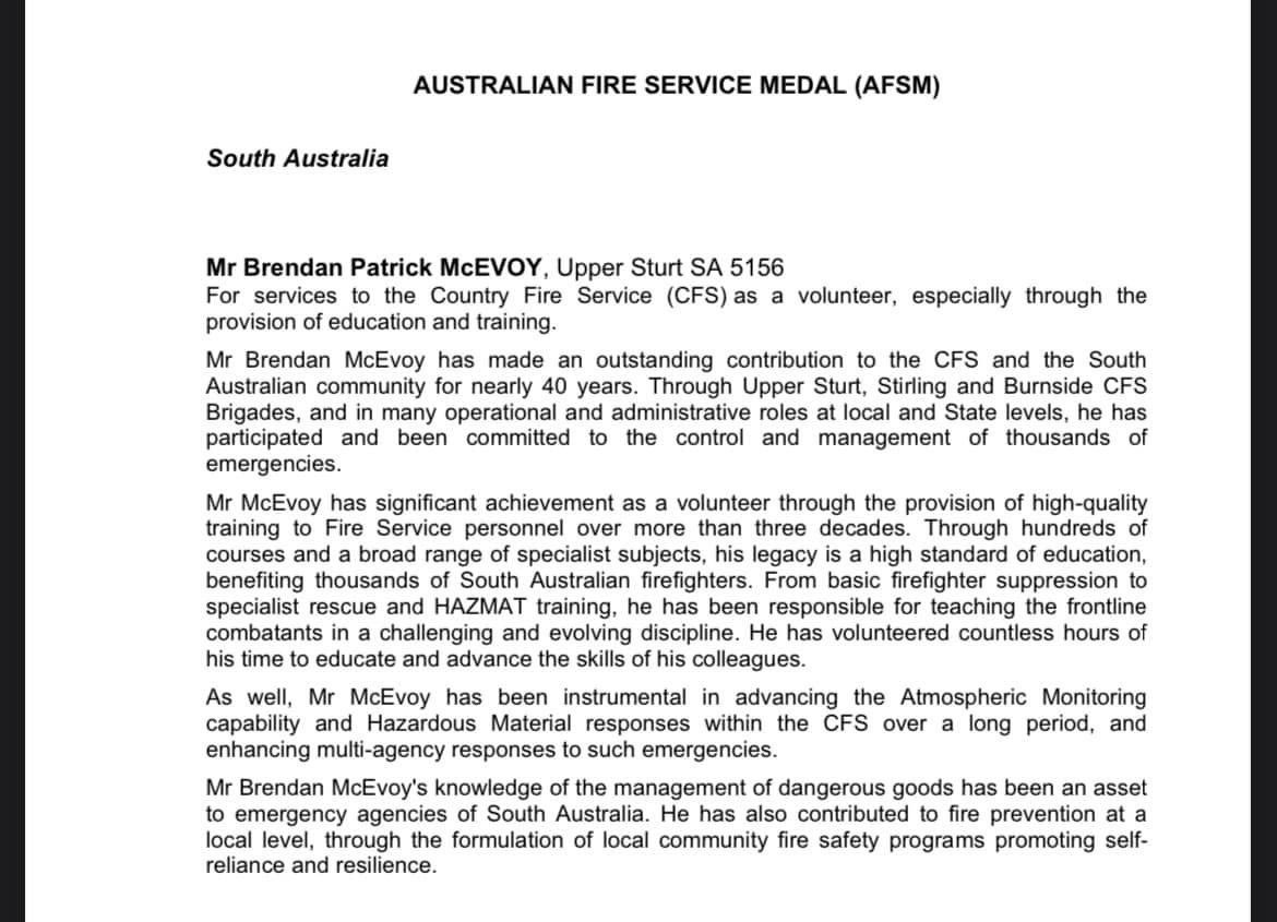 burnside_cfs's tweet photo. Congratulations to Burnside CFS and Mount Lofty CFS member Brendan McEvoy on his AFSM. We are so proud of Brendan and thank him for the enormous contribution to our brigade, the Mount Lofty CFS group as well as the community of South Australia. Well done Brendan. https://t.co/fcVat3Oa8d