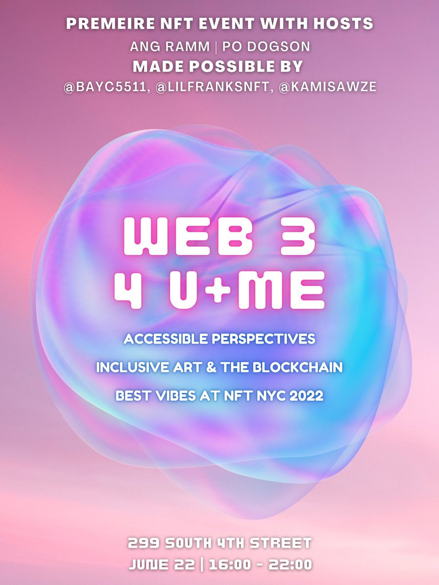 .@PoDogson + I are so happy to announce Web3 4 U + Me! At this event we’ll discuss onboarding, leading, creating + more We want everyone to feel welcome, so this event is free, thanks to the contributions of .@BAYC5511 .@LilFranksNFT + .@KamiSawZe Reservations start tomorrow