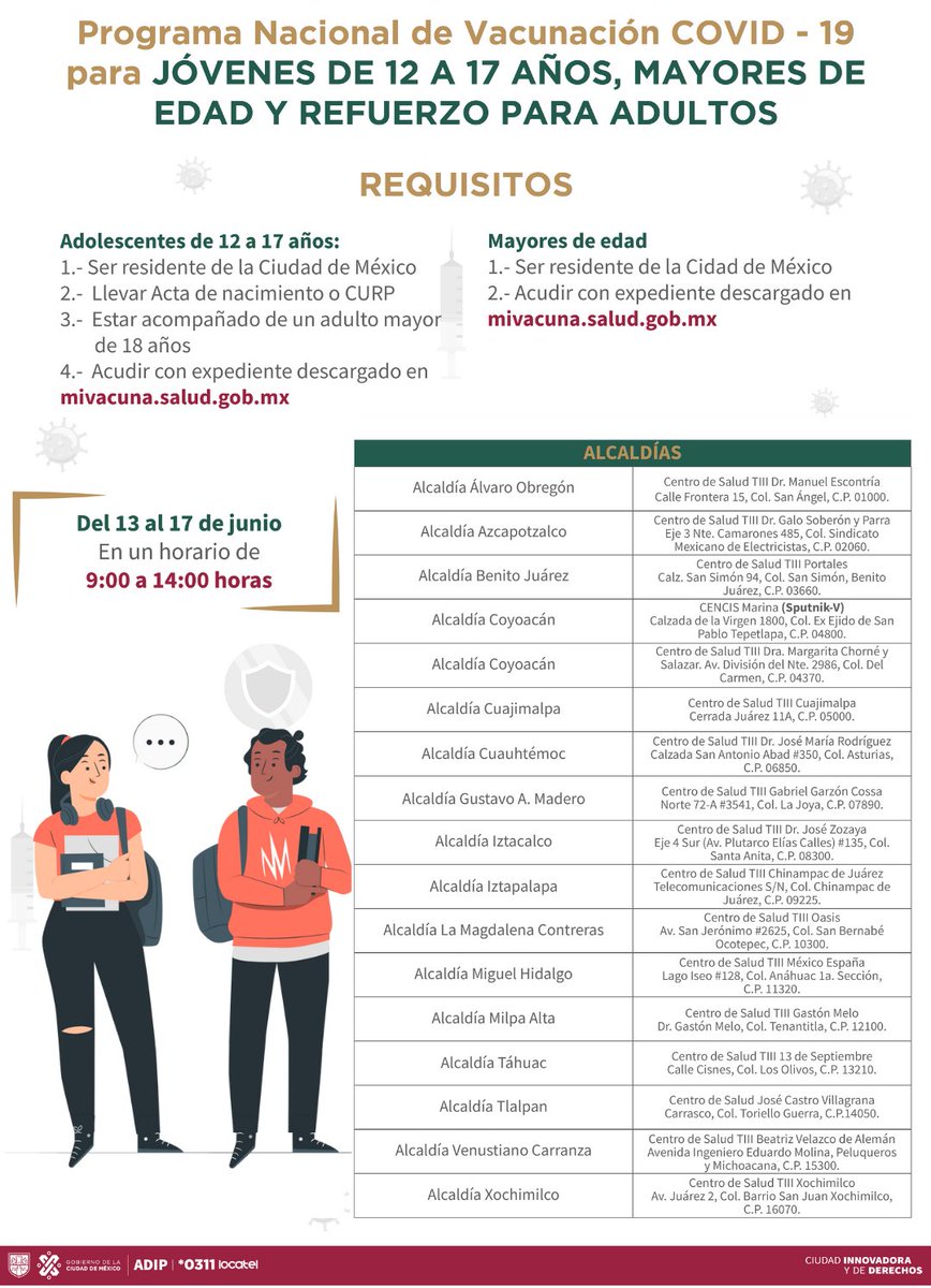 A partir de mañana y hasta el viernes 17 de junio estará disponible una nueva jornada de vacunación contra #COVID19 para residentes de la CDMX

📍17 puntos: 16 Centros de Salud y la macro sede de CENCIS Marina
⏰Atención de 9 a 14 h
👁️Asiste el día y hora de tu preferencia

1/3