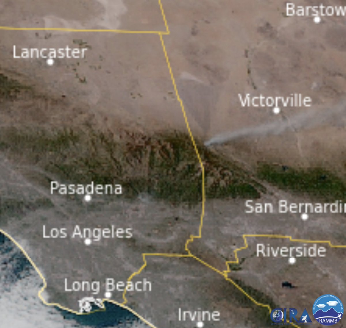 NWSLosAngeles's tweet photo. Smoke rising from the #SheepFire in San Bernardino Co as seen from the #GOES 17 weather satellite is a reminder of the elevated fire danger in our area.  This image is from the Cooperative Institute for Research in the Atmosphere (CIRA) site.  #CAwx https://t.co/Lm9SGlEqug