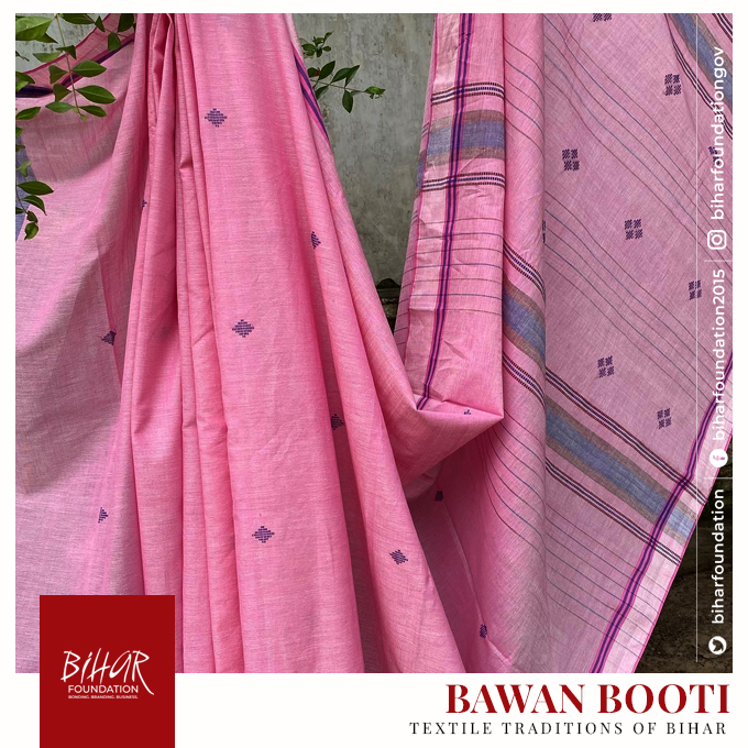 biharfoundation's tweet photo. An acclaimed seat of learning in ancient India, Nalanda is also home to #BawanBooti, a craft of weaving intricate motifs on #saris. It draws its name from 52 motifs (booti) used in the #handloom. This weaving style marked the beginning of cotton-on-cotton brocade.

#textile_bihar https://t.co/GMymk02ELH