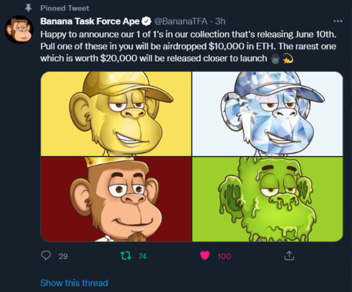 CashOutDior23's tweet photo. @DeanSteinerNFT Can you check out Banana Task Force Ape it has a good community and the NFT have Utilities #BTFA #BAYC #BoredApeYachtClub #NFTs https://t.co/Y3zAG7HA6h