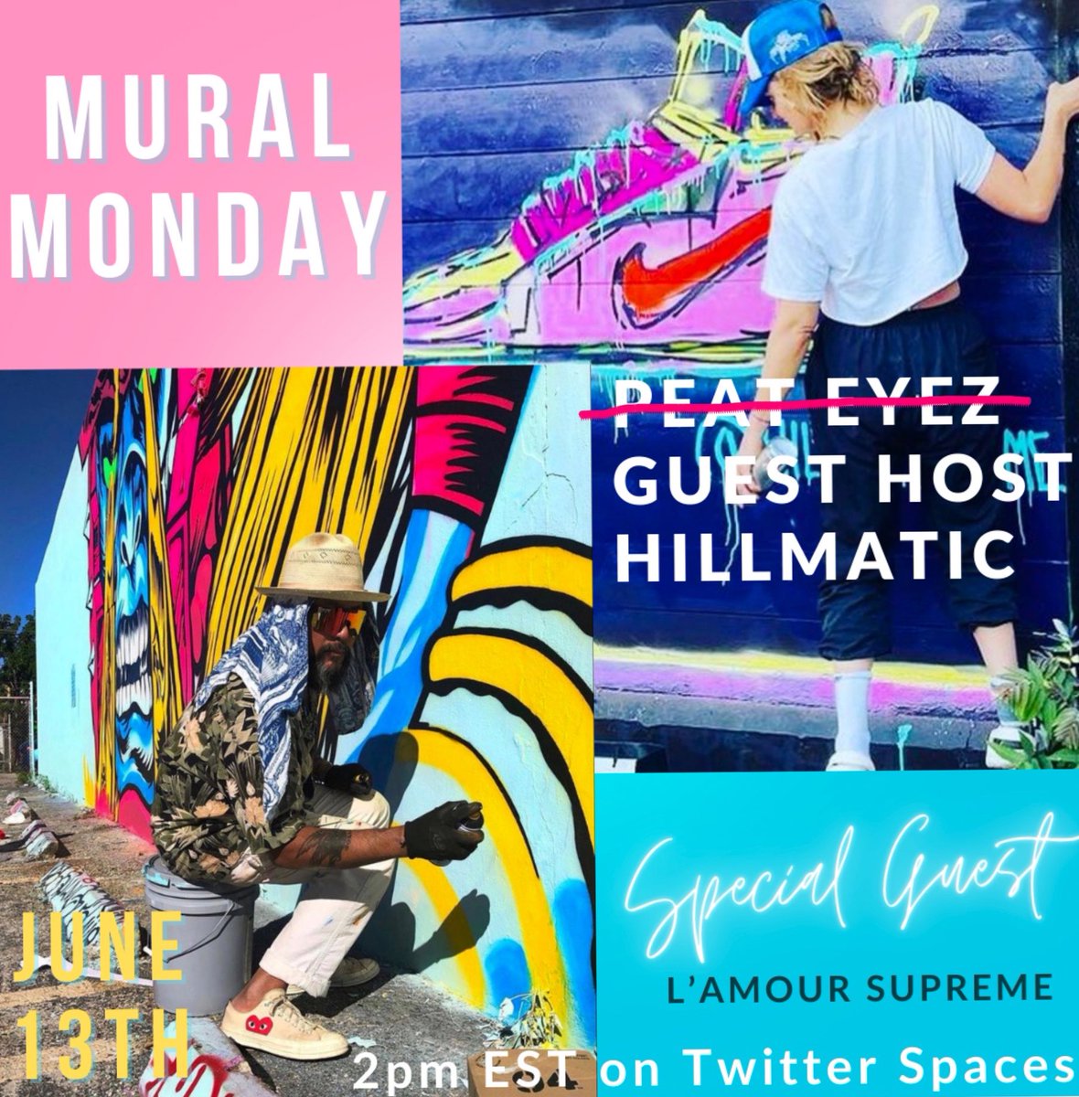 Yes you saw that right! Our favorite NY cinematic sensation <a href="/GHOST_CAVE/">LAmourSupreme</a> (lamour) is our special guest this week on #muralmonday a <a href="/PeatEyez/">EYEZ</a> production hosted by ya girl Hillmatic. x.com/i/spaces/1vAxR… 2pm EST #murals #lamoursupreme #NftArtist #muralist