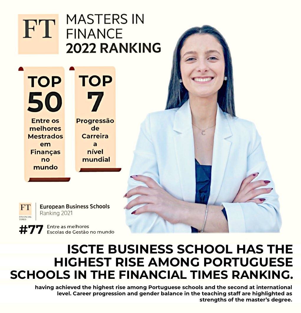 Parabéns!!! 
#41 Msc in Finance 
#7 World Career Progression
Iscte Business School com a maior subida entre as escolas portuguesas do ranking Financial Times!
Mais informações em ibs.iscte-Iul.pt
#isctebusinessschool #iscte #financialtimes #ranking #finance #top50 #lisbon