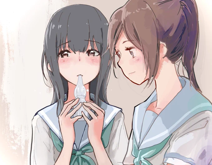 リズのみぞれさん。以前に描いたのぞみさんと重ねてみた。楽器は描けないのでパピコ 