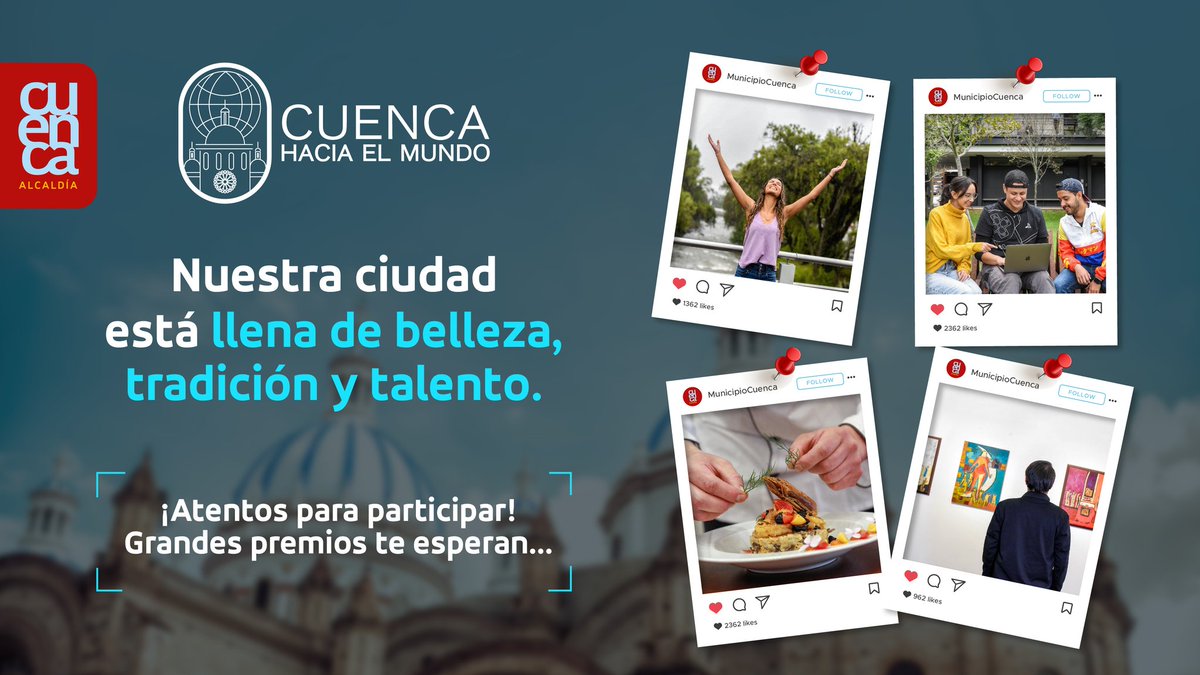 ¡Cuenca esta lista para el mundo! 

Ayúdanos a hacer de nuestra ciudad una ciudad internacional.

Participa y gana en el concurso: “CUENCA HACIA EL MUNDO”

Pronto te contaremos como hacerlo.

#CuencaHaciaElMundo