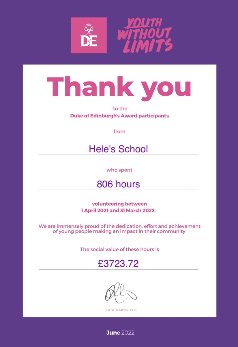806 hours! Couldn’t be prouder of <a href="/HelesSchool/">Hele's School</a> students who have committed their time and effort to help people 👏✨ <a href="/DofESouthWest/">DofE South West</a>