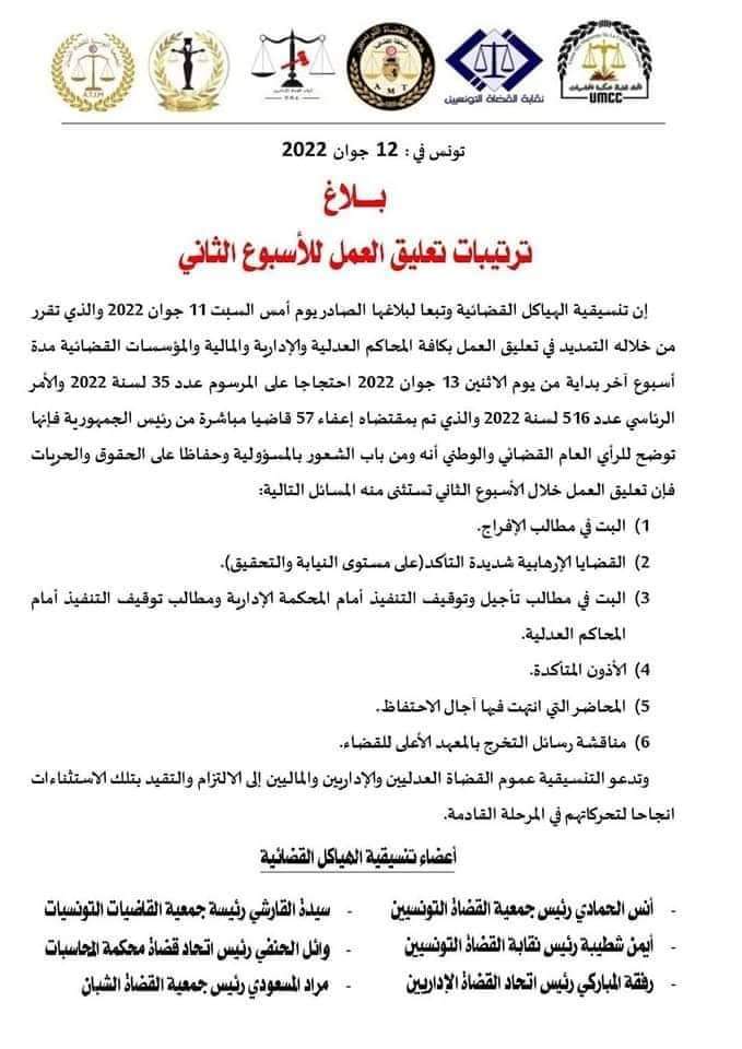 CSNuWUpptrnq8UU's tweet image. 🔴 بلاغ تنسيقية الهياكل القضائية بتاريخ اليوم  12 جوان 2022 بشأن ترتيبات تعليق العمل للاسبوع الثاني على خلفية قرارات إعفاء عدد من القضاة...