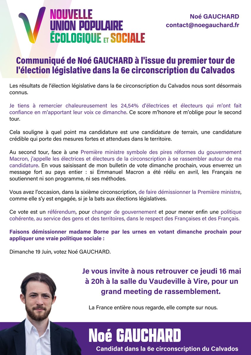 Je tiens à remercier les 24,54% d’électrices et électeurs qui m’ont fait confiance en m’apportant leur voix ce dimanche. Ce score m’honore et m’oblige pour le second tour.

✌Dimanche 19 Juin, votez à gauche, votez GAUCHARD 

Mon communiqué ⬇️

#circo1406 #legislatives2022