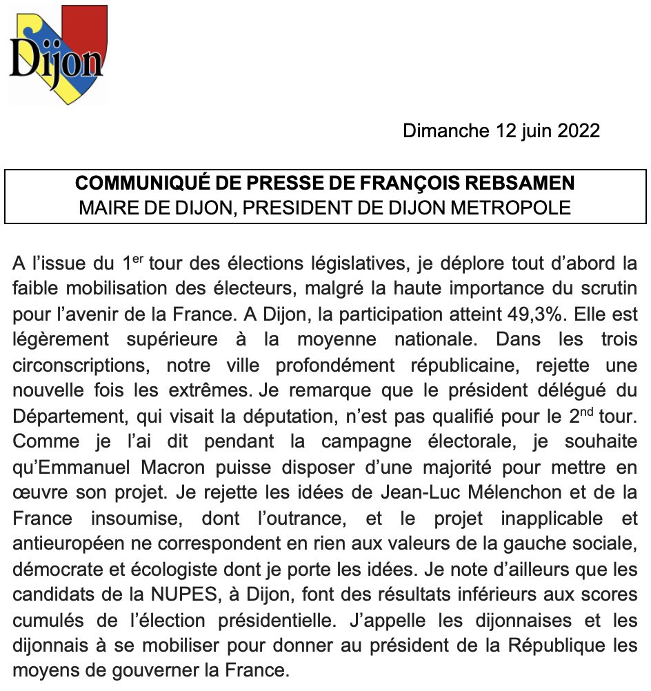 🔴 J’appelle les dijonnaises et les dijonnais à se mobiliser pour donner au président de la République <a href="/EmmanuelMacron/">Emmanuel Macron</a> les moyens de gouverner la #France. #dijon #legislatives2022 | Le communiqué de presse ⬇️