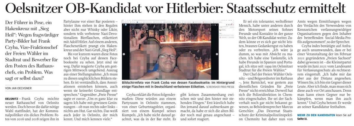 HeikeKleffner's tweet photo. Platz 1 mit 33,3% in #Oelsnitz für Frank Czyba, Kandidat der Freien Wählervereinigung - hier mit Selfie vor Hitler-Bieren und anderen Hakenkreuz-Getränken, das vor kurzem noch auf seiner Facebook-Seite gepostet war. #Sachsen hat ein #Neonazi-Problem.
https://t.co/tCLEzr8pXP https://t.co/M7CyzvQkag