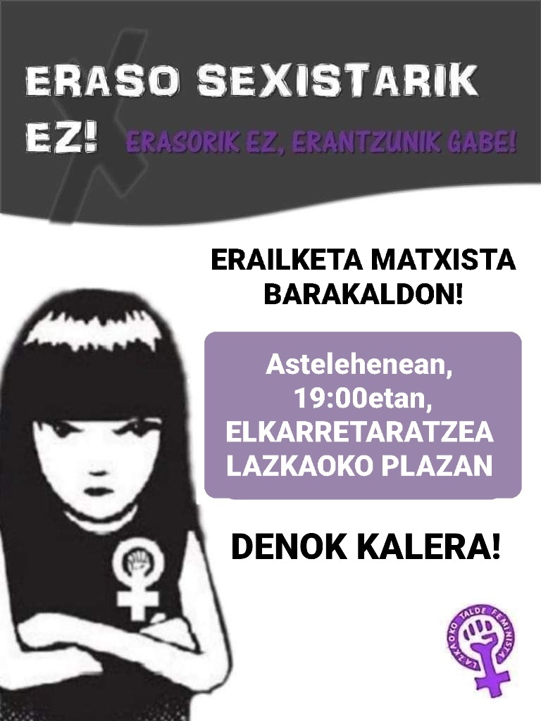 Ekainaren 10ean, Barakaldon 53 urteko gizon bat atxilotu zuten, ustez 90 urteko amaren indarkeriazko heriotzaren erantzulea izateagatik.
Aurten Euskal Herrian indarkeria matxistak eraildako 2. emakumea.
Nahikoa da!

▪️ Astelehenean, 19:00etan, elkarretaratzea #Lazkao|ko plazan.