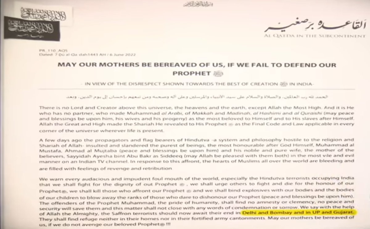 Utkspeaks's tweet photo. AQIS threatens to plant suicide bombers in different cities of India over remarks of suspended BJP spokesperson. They are ready to kill innocent people. Will the Arab countries be silent on this as they are on the condition of uigar muslims in China? #India #AlQaeda #terrorism https://t.co/wtSG4UqPVy