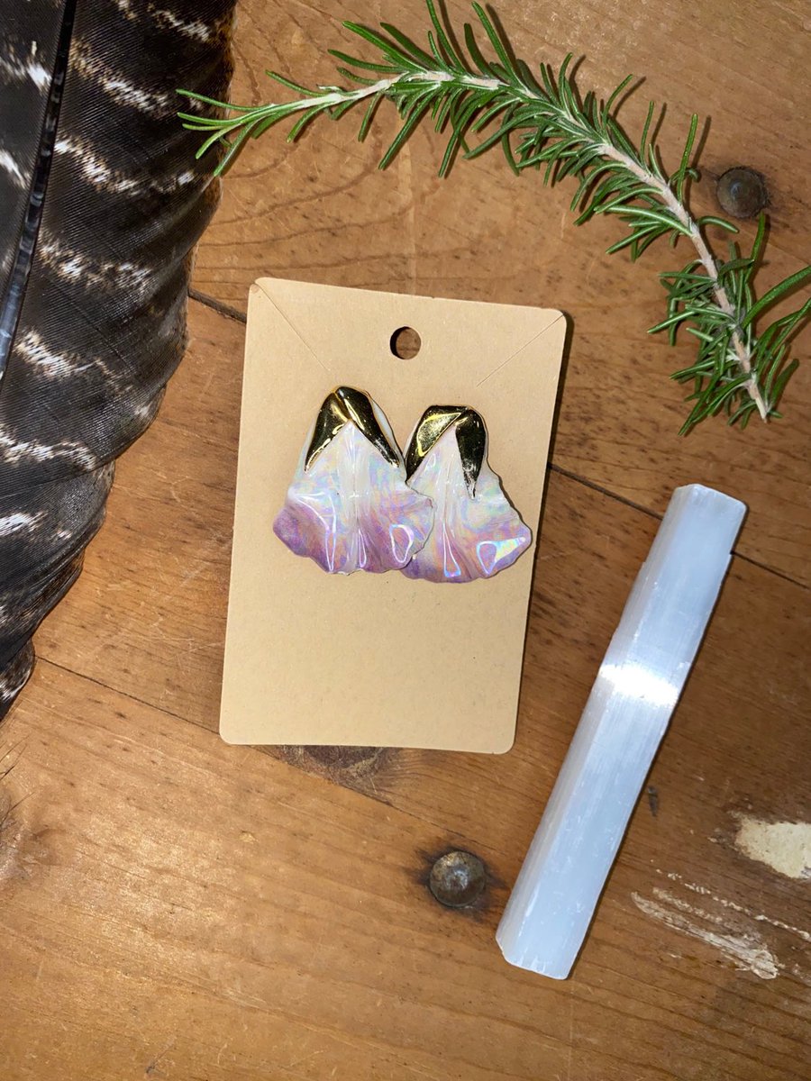 Excited to share this item from my #etsy shop: Abstract lilac clay earrings with hints of gold #pottery #potteryjewelry #firedclay #gold #purple #clay #unique #trend #vibe etsy.me/3HeLfDQ
