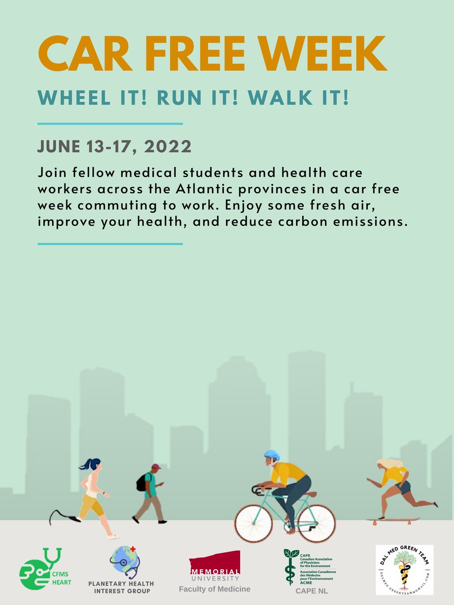 DalMedGreenTeam's tweet photo. #CarFreeWeek is from June 13-17, in partnership with @MUNCodeCycle &
@CFMS_HEART
Project Green Healthcare. Tag us about your car free commute for your chance to win prizes!
@DalMedSchool @DalMedNB
#MedTwitter #PlanetaryHealth #ActiveTransportation https://t.co/VkzcBrzkQ8