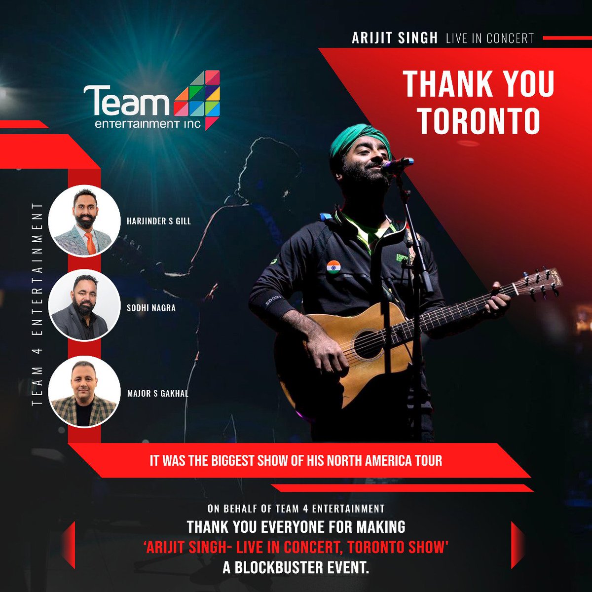 team4ent's tweet photo. Thank you everyone for making ‘Arijit Singh- Live in Concert, Toronto Show' a blockbuster event.

#Team4Entertainment 
#HarjinderGill
#SodhiNagra
#MajorGakhal

#ArijitSingh #ArijitSinghToronto #ShowFest #Trans99Logistics #TransExpert #Autobahn #RoadLink https://t.co/yrnN1fNDRV