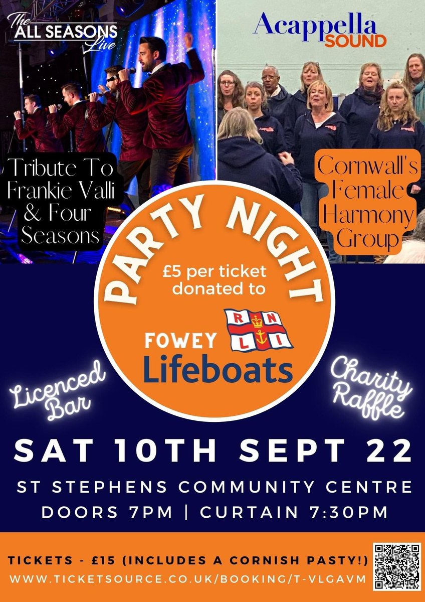 acappella_sound's tweet photo. Tickets on sale now, tickets include a pasty and a guaranteed £5 to @Fowey_RNLI #rnli #frankievalli #theallseasons #acappellasound https://t.co/PBZDAMfmXd