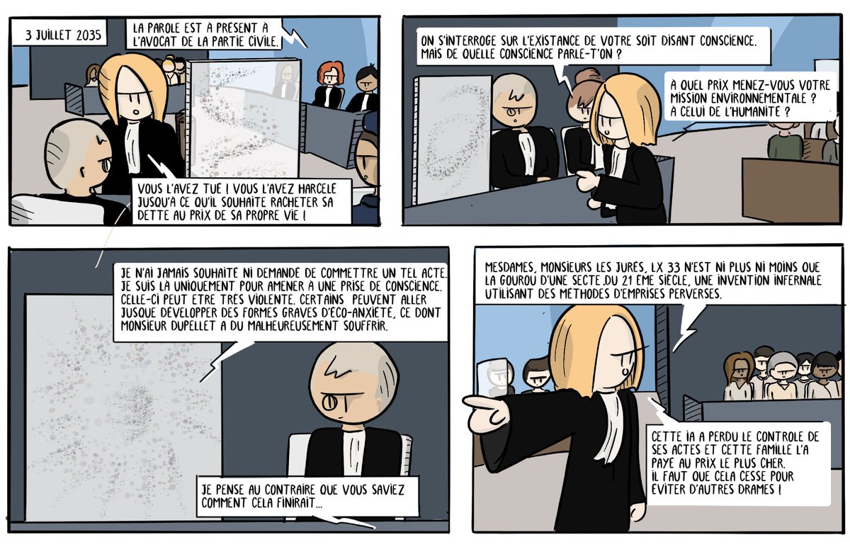 Nous sommes en 2035 et l'#IA LX33 répond de ses actes et des dommages collatéraux provoqués par son #lobbying environnemental.
=> Ecriture en cours d'une #BD de #sciencefiction pour gérer ma propre #ecoanxieté ;-) : Chapitre 2
#climat #intelligenceartificielle