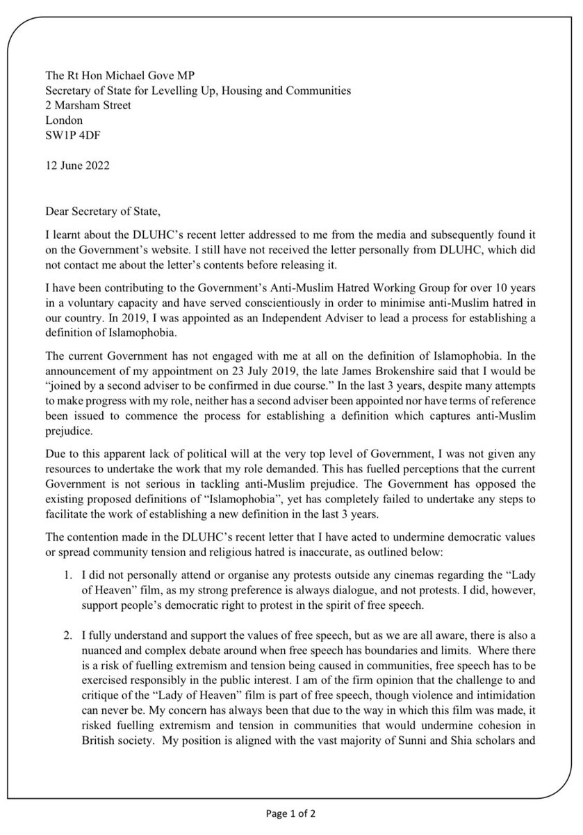 QariAsim's tweet photo. My response to the Department of Levelling Up, Housing &amp; Communities’ recent letter removing me as Government’s Adviser to define #Islamophobia 
👇🏼 https://t.co/EcdoWiVXwZ