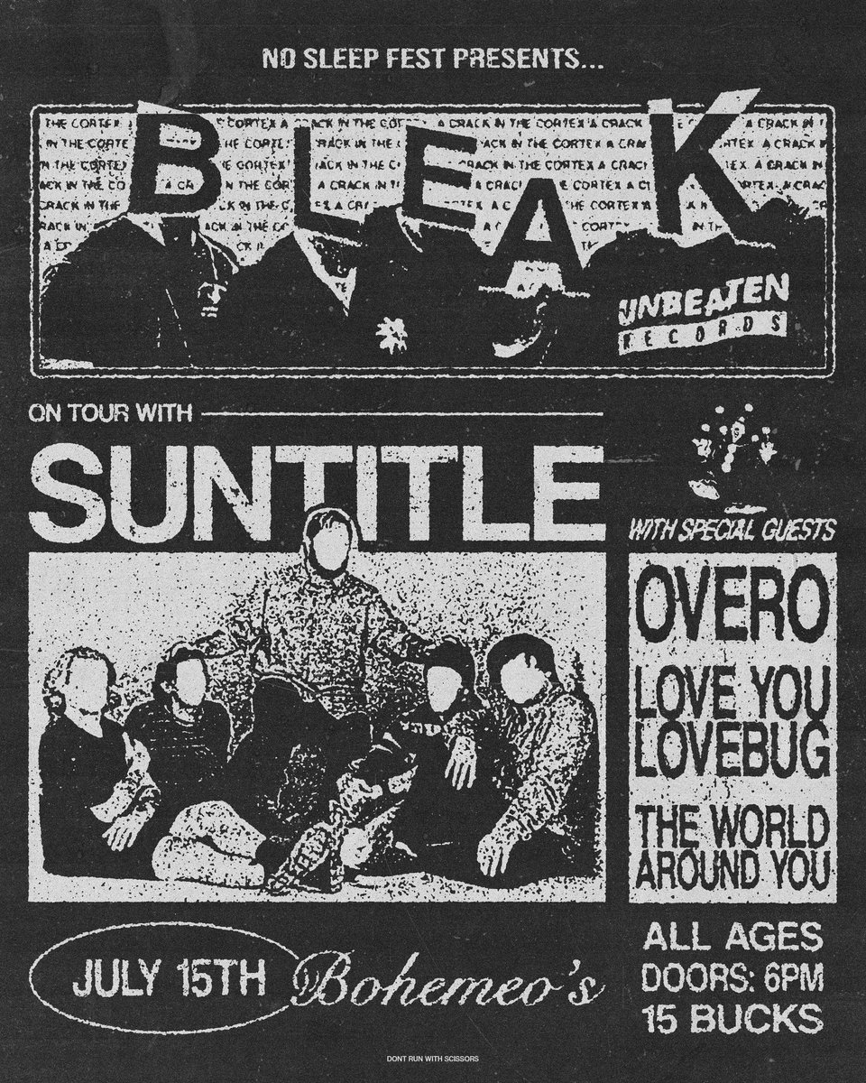 No Sleep Fest (@nosleepfesttx) on Twitter photo We’re over the moon to announce Bleak’s official first houston headliner alongside their NY touring mates in Suntitle, Overo, Love you, lovebug & The World Around You!
Flyer by the amazing <a href="/ringowatermanx/">UGLY IDO)))L</a>
Tickets available at the link in bio We’re over the moon to announce Bleak’s official first houston headliner alongside their NY touring mates in Suntitle, Overo, Love you, lovebug & The World Around You!
Flyer by the amazing <a href="/ringowatermanx/">UGLY IDO)))L</a>
Tickets available at the link in bio