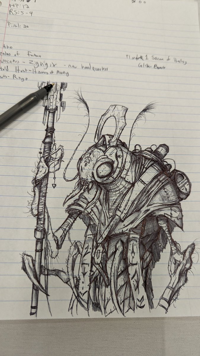 David_the_North's tweet image. Got to try a scifi #ttrpg called Starfinder today and sketched out my character on my notes. Had a lot of fun!