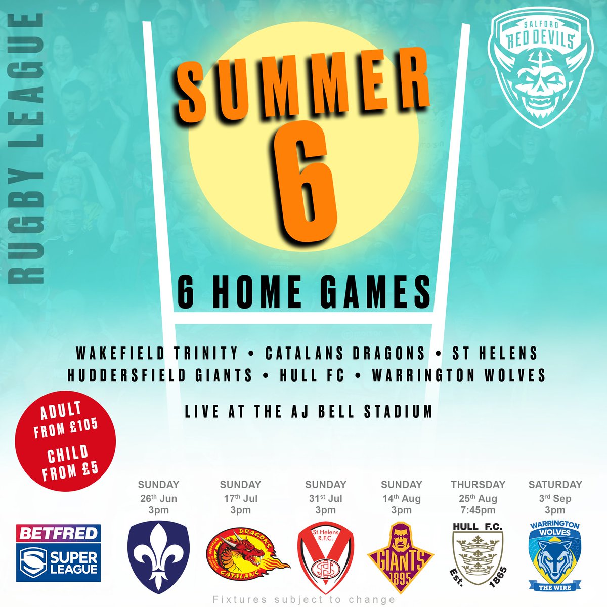 SalfordDevils's tweet photo. We're pleased to launch a new multi-game ticket to all 6 remaining home games for this season! 🙌

🎟️ Don't miss out on the Summer 6 👉 https://t.co/b17aPFbK5f

💪 #TogetherStronger | 🔴👹 https://t.co/uu5A0CmCwG