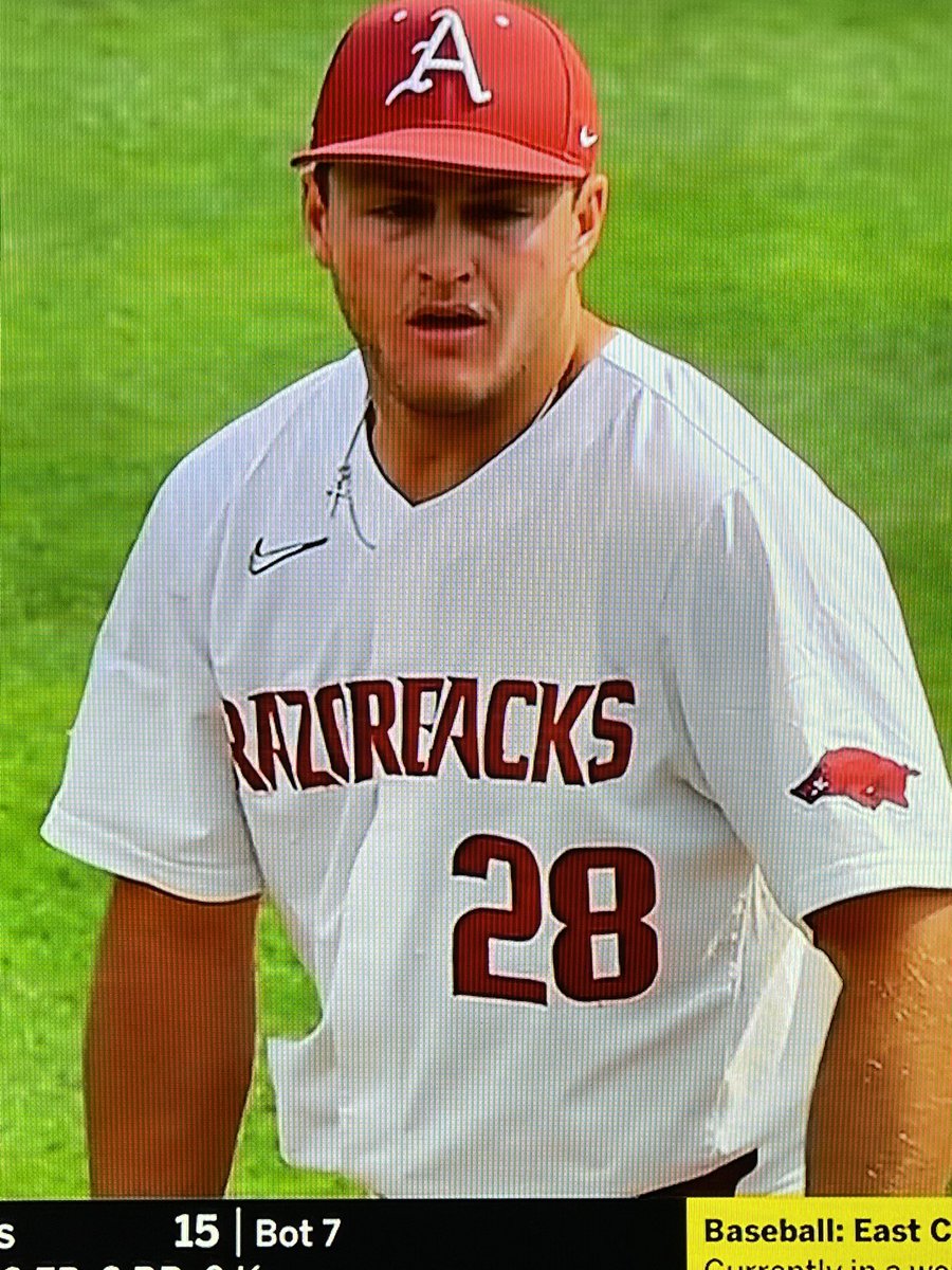 SLCAthletics's tweet photo. Kole Ramage @RazorbackBSB works the Hogs one step closer to Omaha getting them out of a jam in the 6th in game 2 of Super Regionals. @DragonBaseball #SLC4Life https://t.co/gyh1uvc96g