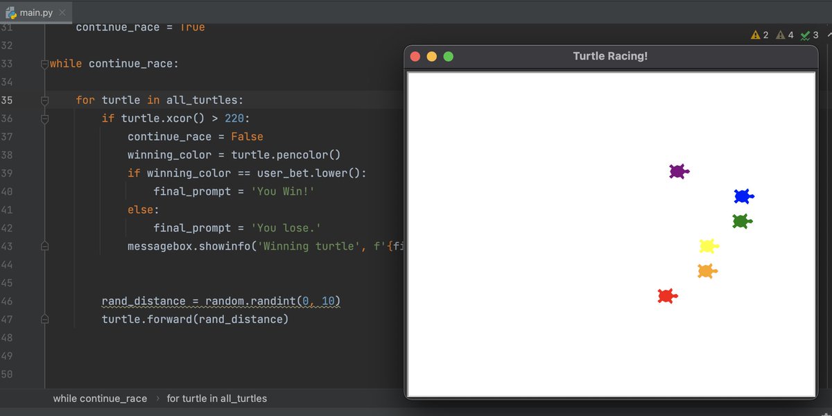 code log 65 🧬
starting my career as a professional turtle gambler 😈 made a turtle racing program with python
#python #dev #100DaysOfCode
