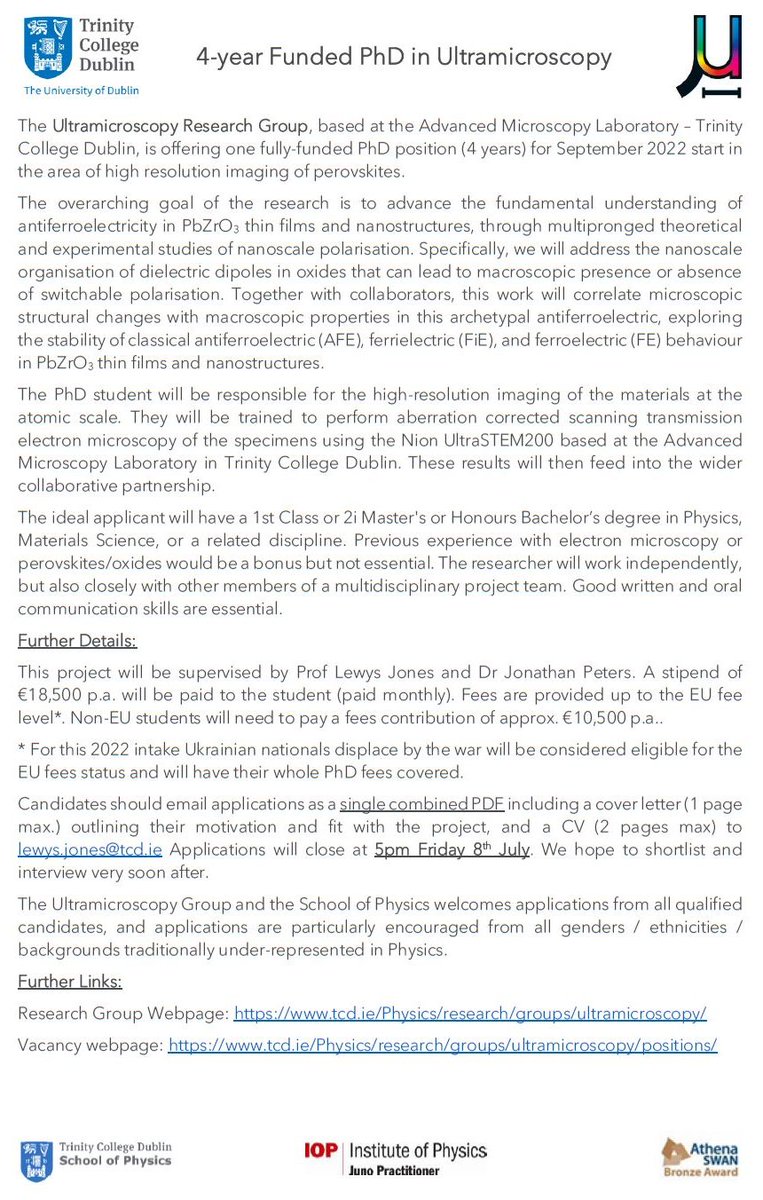 TCD_Ultramic's tweet photo. Please retweet! The Ultramicroscopy Group is #recruiting a 4-year PhD place for  Sept. 2022 in the area of atomic-resolution imaging of perovskites. Full EU-fees+ stipend included. Closing date 8th July @MicroscopyIrl @IoP_EMAG @RMS_EarlyCareer @eurmicsoc @FindAPhD @TCD_physics https://t.co/ytpHe3NVOP