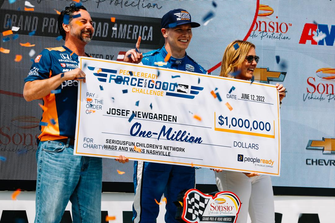 _PeopleReady's tweet photo. That concludes the Sonsio Grand Prix at Road America #indycarseries race! Huge congratulations to our official #forceforgoodchallenge winner @josefnewgarden!! Newgarden has won $1 million to share with his team &amp; charities of choice: @SeriousFunCamps and @WagsandWalks Nashville. https://t.co/0egGajpYvT
