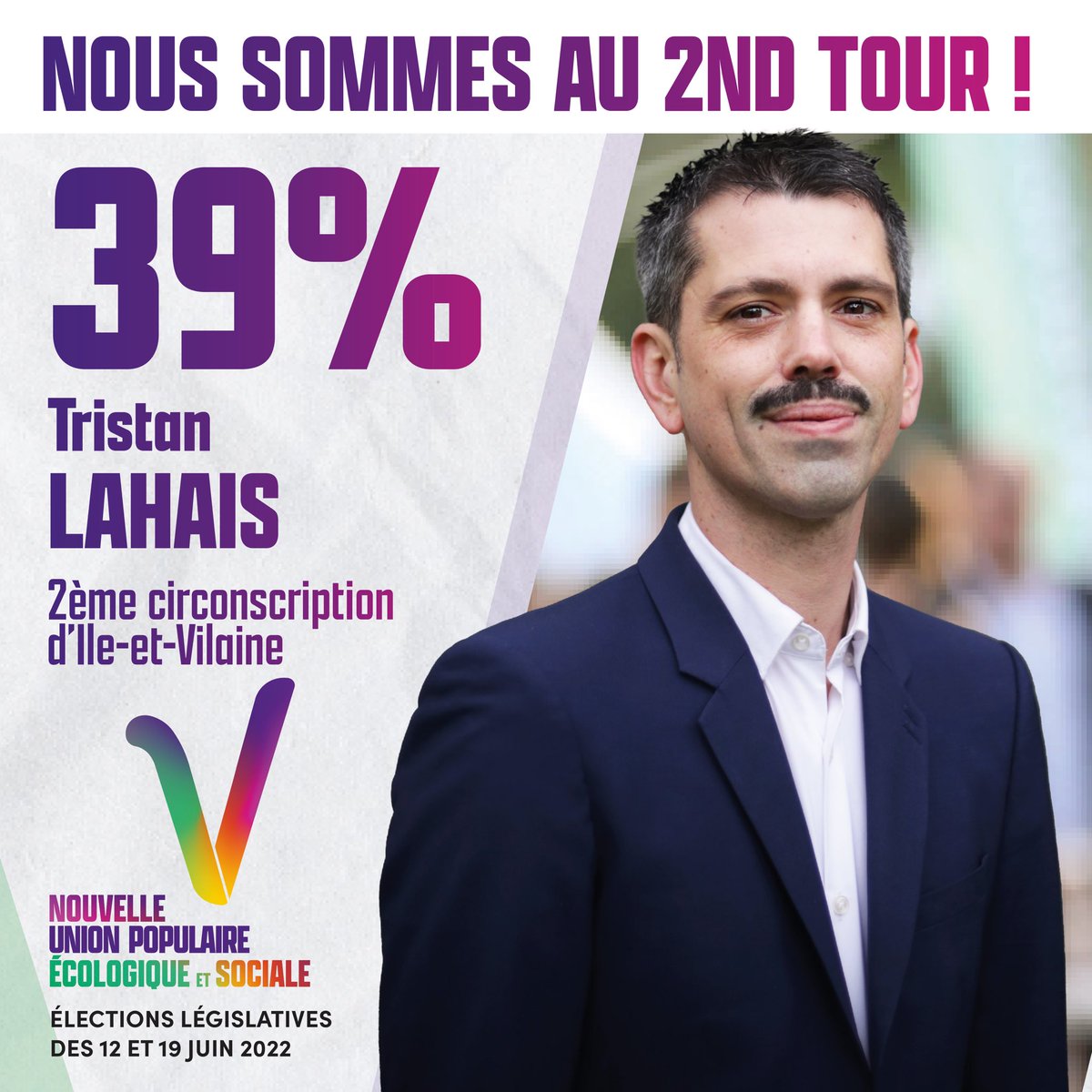 GenerationsMvt's tweet photo. 2ème circonscription d’Ille-et-Vilaine, @AvecTristan, nous sommes au 2nd tour ! ✌️ #Gs #Nupes https://t.co/M0biYJ7TrK