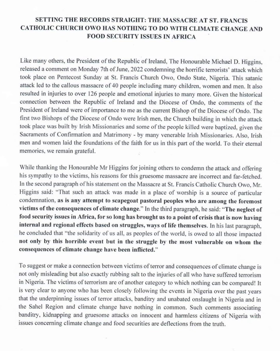 BMcKev's tweet photo. "the Church in which attack took place was built by Irish missionaries."
This letter from Bishop of Ondo deserves massive publicity in Ireland.
Has it been reported by any of the Irish media, @rte, @IrishTimes, etc?
Has anyone in Church or Govt commented?
Please spread the word. https://t.co/iCDasoxufm