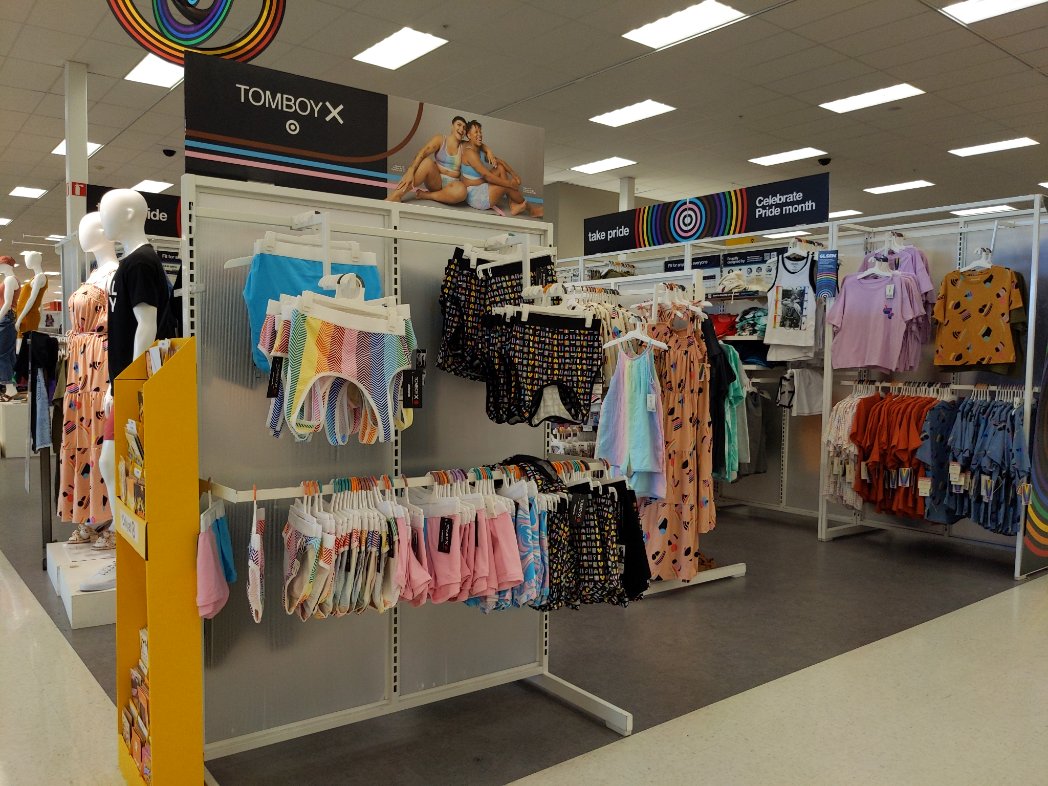 Look, I'm as uncomfortable with corporate rainbow-washing as the next queer, but I need to say how powerful it is that a display of gender-affirming undies, swimwear, and *compression tops* is literally the first thing you see when you walk into this <a href="/Target/">Target</a>