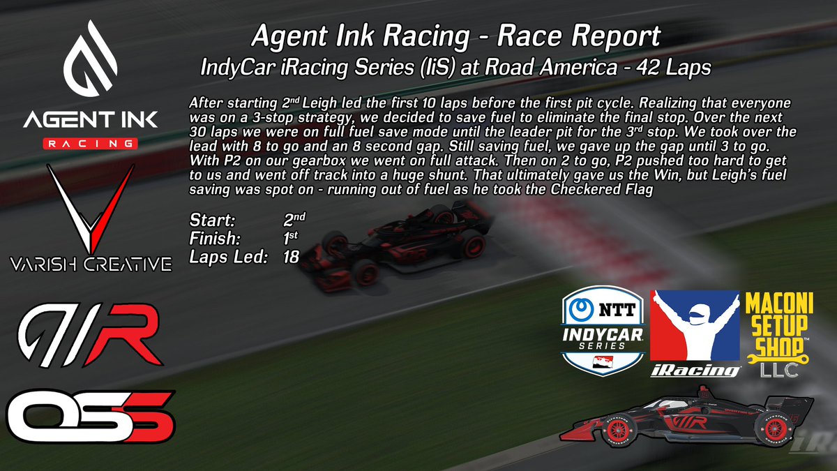 OSSAcademy's tweet photo. Here is the #AIRRaceReport for @LeighROverton's race at the @IndyCar @iRacing Series Open (#IiSOpen) at @roadamerica!

Our first setup for @MaconiSetupShop proves to be a banger - as Leigh grabbed the Win in our first IiS Open!

@AgentInk | @VarishCreative | @OvertonSpeedCo | https://t.co/DyLJ10L20e
