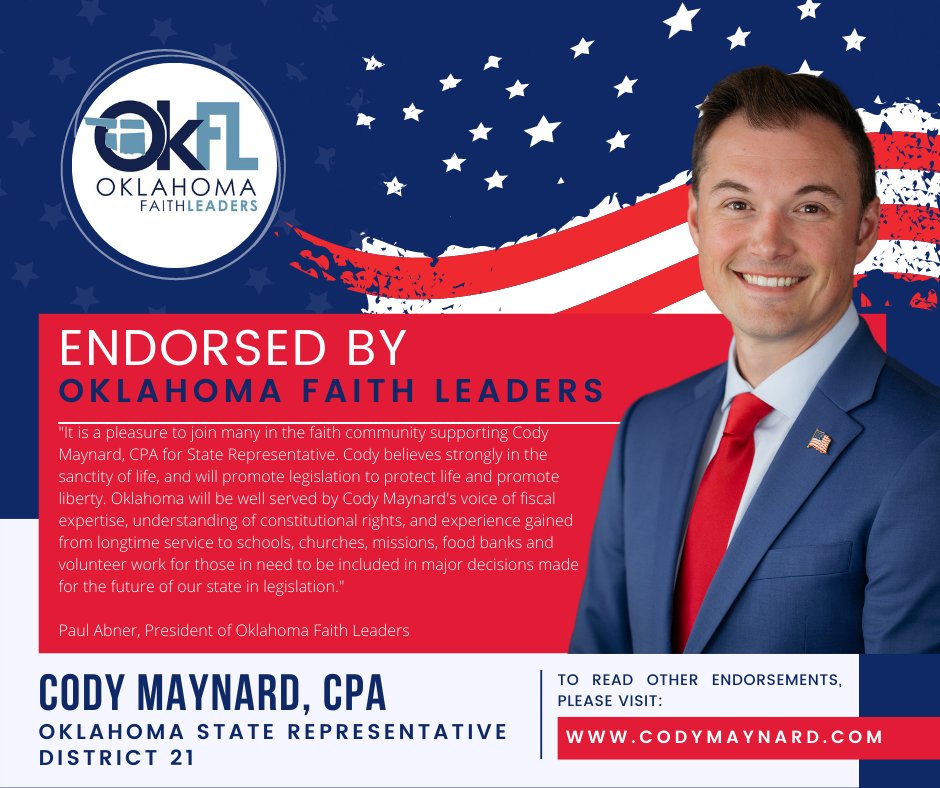 I am humbled by the leaders who are stepping forward to endorse me as a candidate for Oklahoma State Representative. I am proud to share the endorsement of Oklahoma Faith Leaders President, Paul Abner.