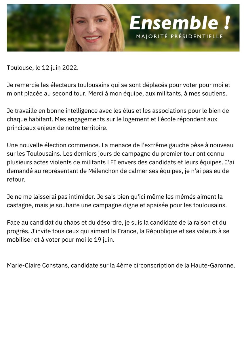 Je remercie les électeurs qui se sont déplacés pour voter pour moi et m'ont placée au second tour. Une nouvelle élection commence. J'invite tous ceux qui aiment la France, la République et ses valeurs à se mobiliser et à voter pour moi le 19 juin. #circo3105 #legislatives2022