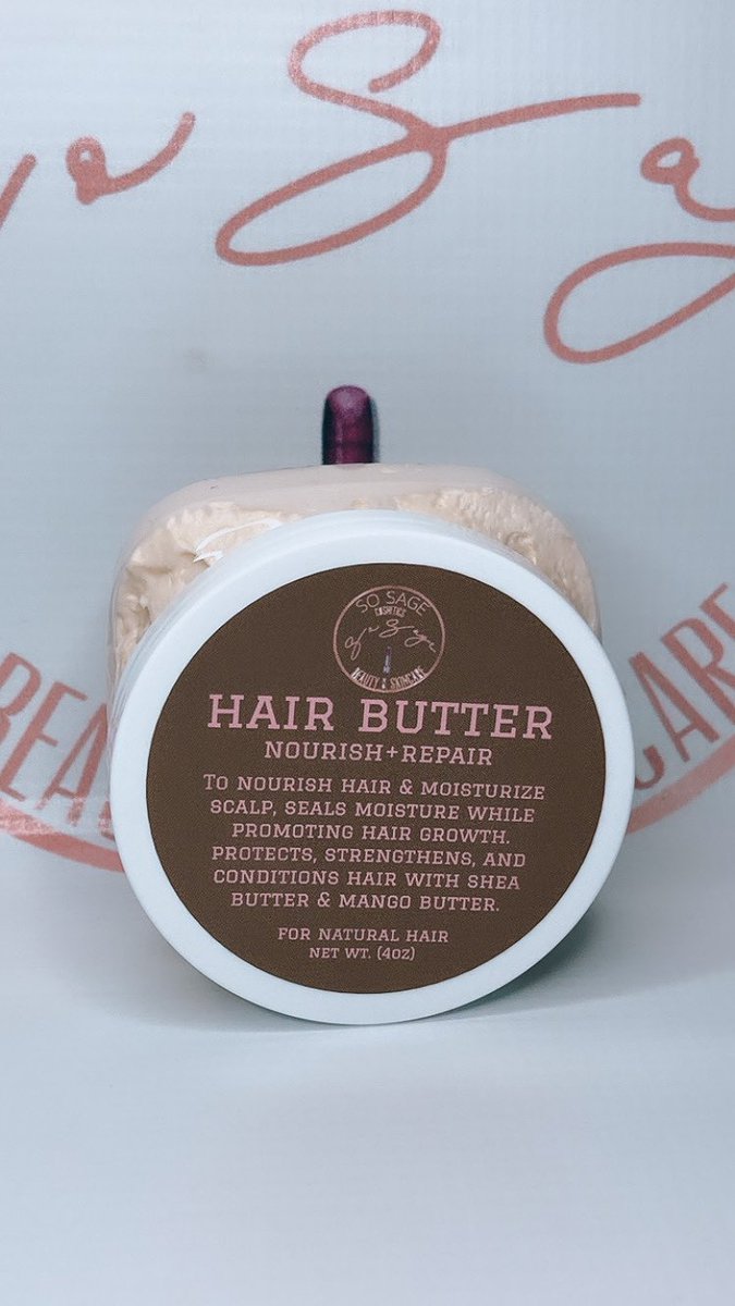SoSageCosmetics's tweet photo. So Sage’s Hair Butter🤎
Nourish + Repair 
By: So Sage Cosmetics
•
•
•
To nourish hair and moisturize scalp, seal moisture while promoting hair growth. Also protects, strengthens, and conditions hair with shea butter, mango butter &amp; cocoa butter✨ 

SHOP ONLINE: link in bio https://t.co/WjzeOV2nlE