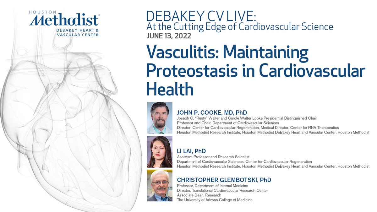 DeBakeyCVedu's tweet photo. Tomorrow at 5 pm CST, join us for #DeBakeyCVLive: At The Cutting Edge of #CVScience with Drs. John Cooke, Li Lia, and Christopher Glembotski, as they discuss #vasculitis and maintaining #proteostasis in #cardiovascular health. LIVE: https://t.co/WTdCpxctio!
#cardioEd https://t.co/OWHzy7gvy8