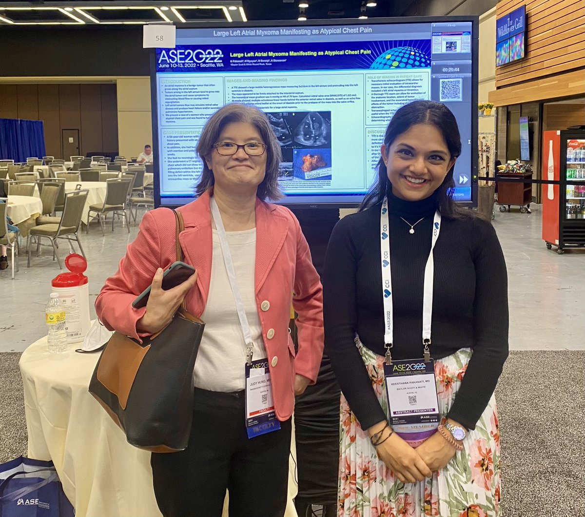 A case of a Large Left Atrial Myxoma manifesting as Atypical Chest Pain... Loved sharing how TTE is used as the diagnostic modality for cardiac masses and the echo images from my patient. Grateful for <a href="/JudyHungMD/">Judy Hung</a> for stopping by and for her encouragement and wisdom!  
#ASE2022